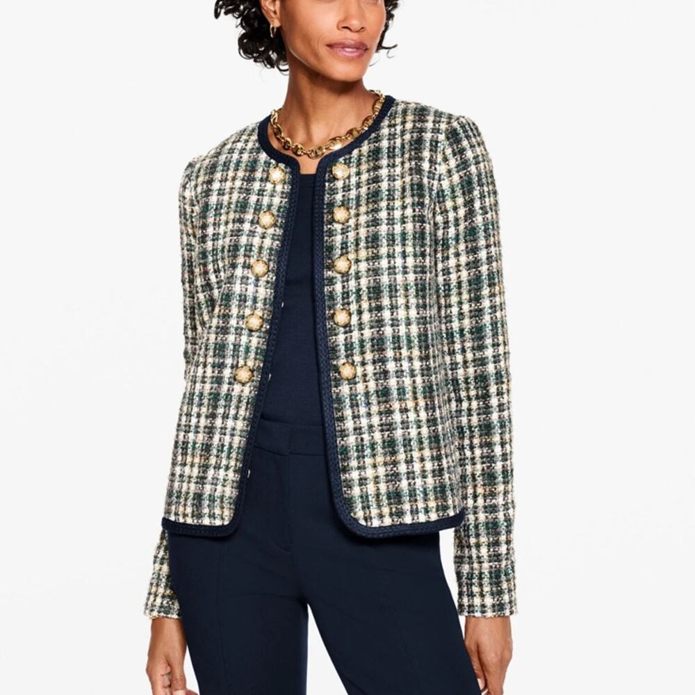 TALBOTS KENSINGTON TWEED JACKET NAVY/GREEN/WHITE/ orange, Size Large/12 ($219)